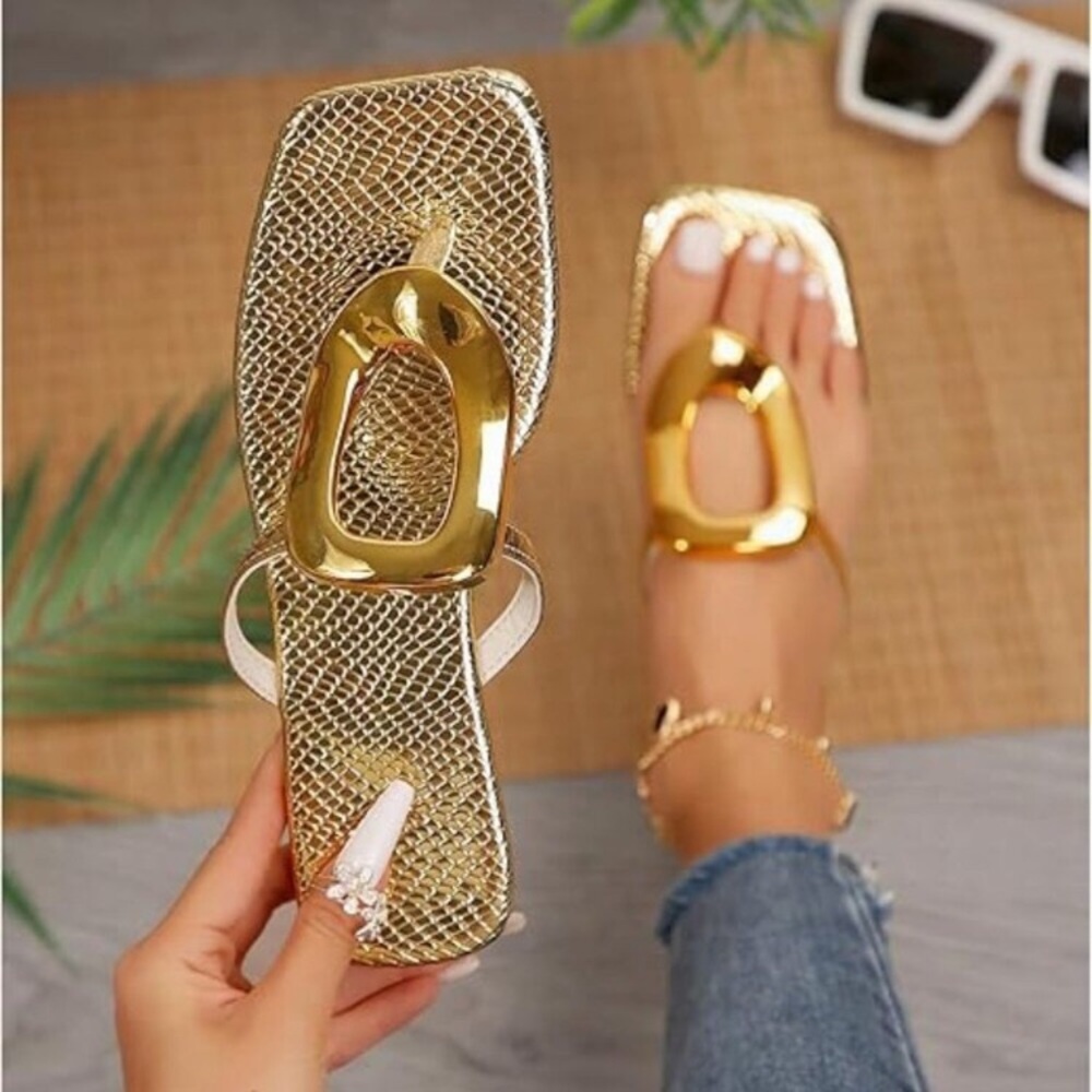Gold Flip Flops Thong Flat Sandals